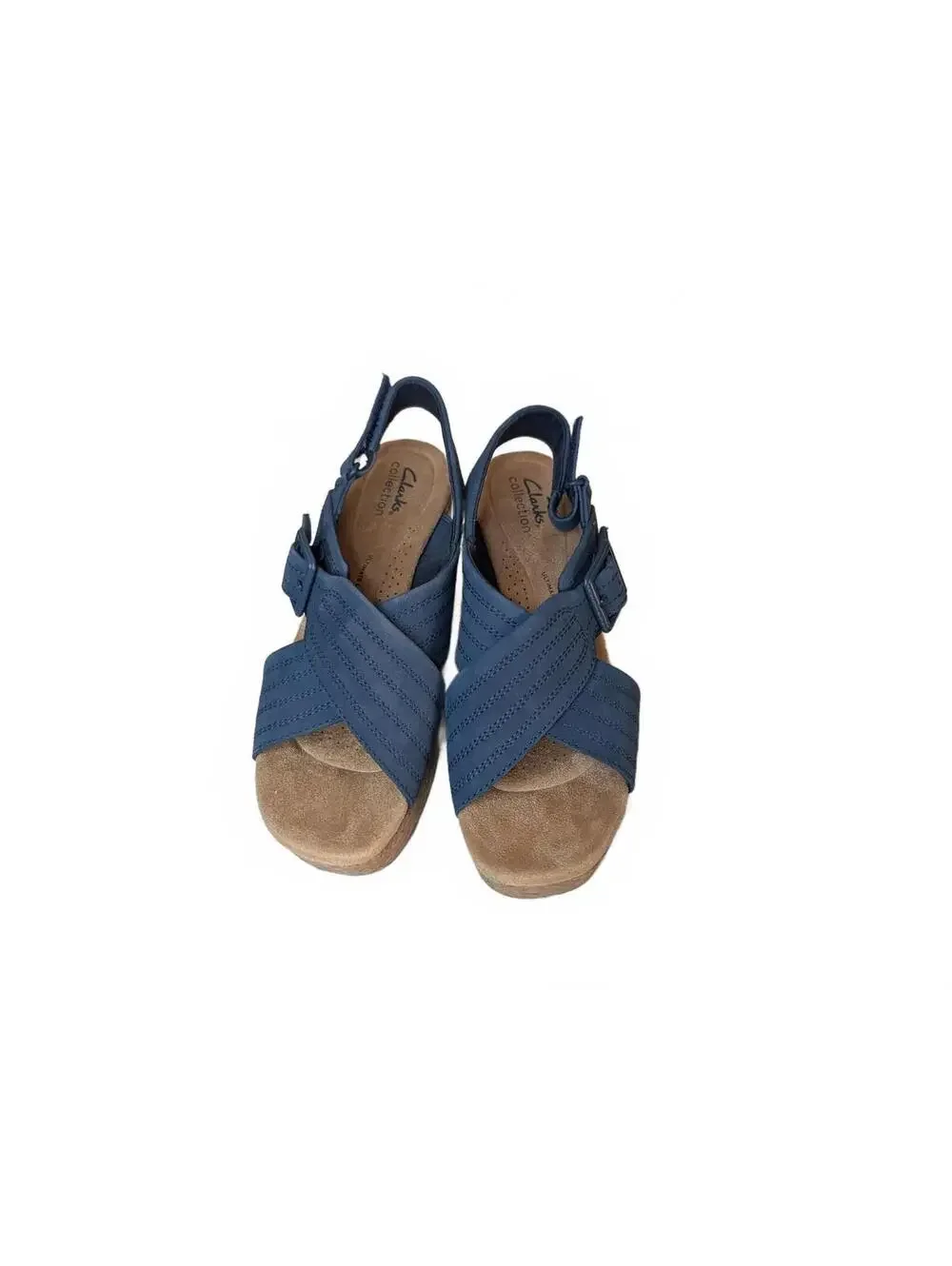 Clarks Collection Nerisa West Wedge Sandals in Navy Nubuck, Size 7.5